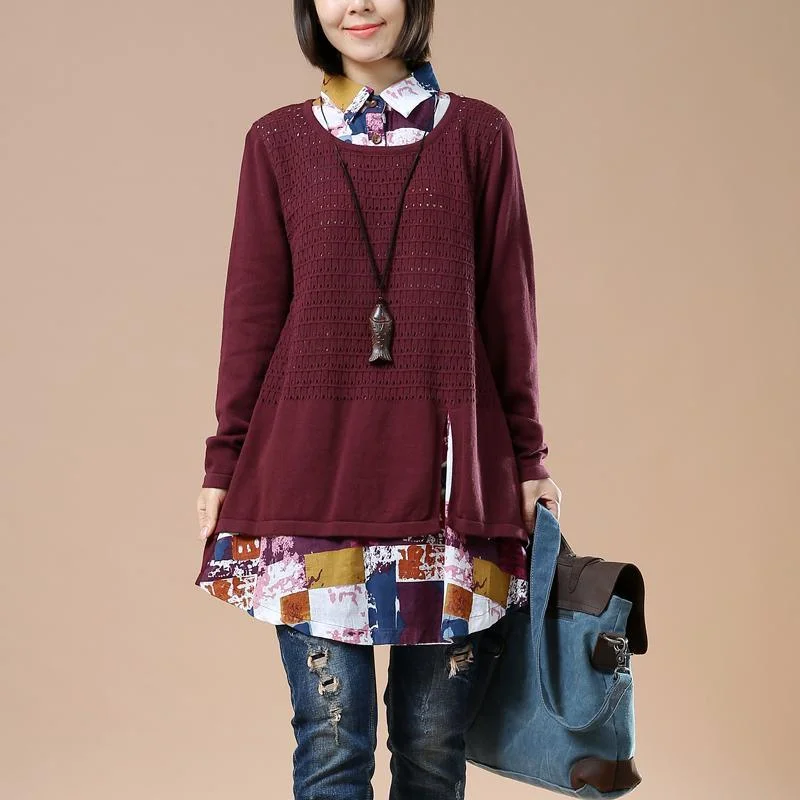 Limited Time Offer Burgundy knit sweaters top woman fake shirt inside
