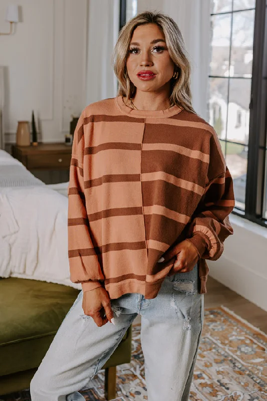Floral Style Luxury Women's Clothing Cafe Patio Stripe Sweater Top In Chocolate