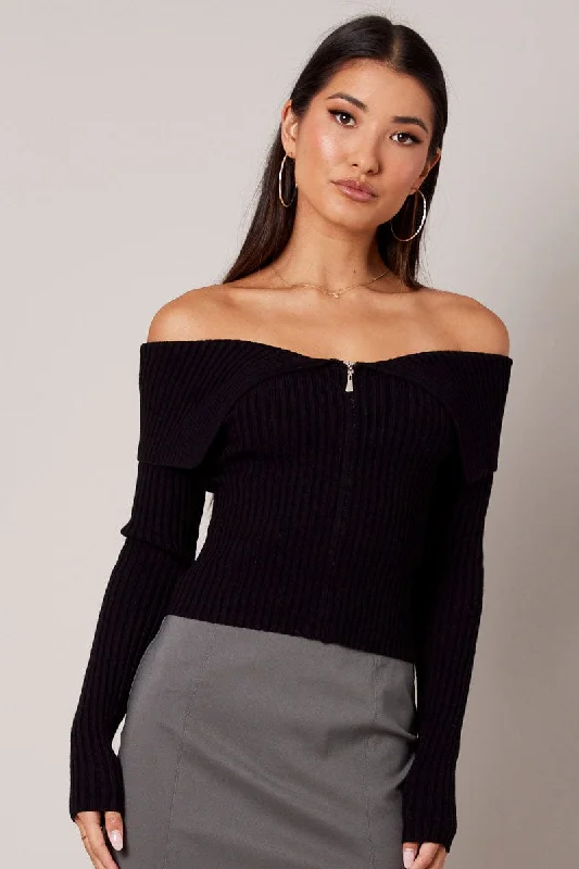 Get The Latest Trends Black Off Shoulder Knit Top Long Sleeve