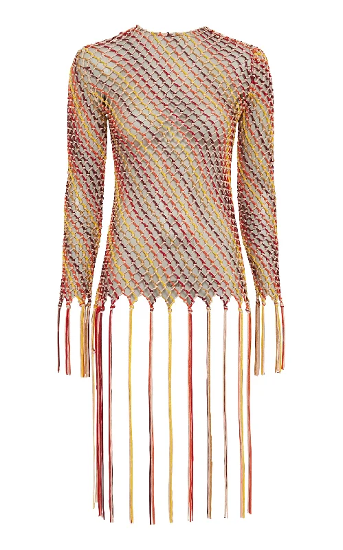 Romantic Detailing Macaria Fringe Macrame Top in Multi Silk