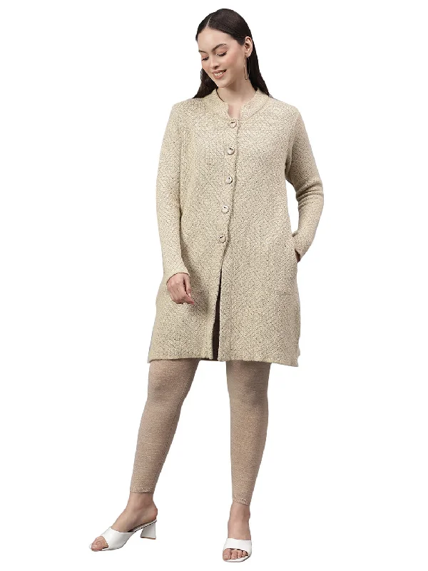 Dive Into Trendy Styles Women's Self Design Beige Mock Neck Full Sleeves Casual Sweater