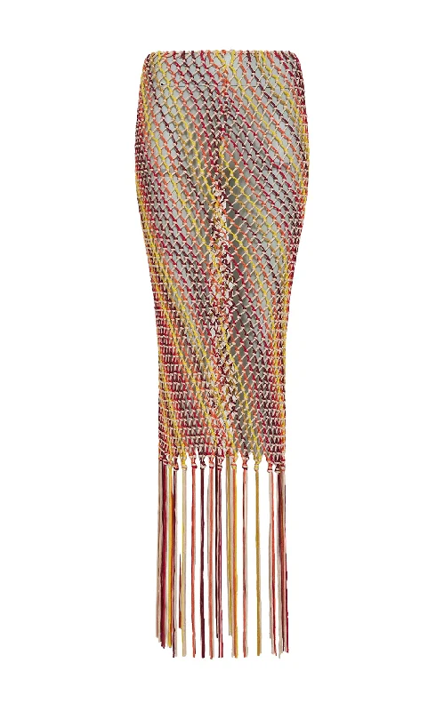 Elevated Style Lycos Fringe Macrame Maxi Skirt in Multi Silk