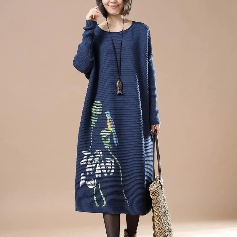 Polished Finish Blue plus size knit dresses oversize sweater