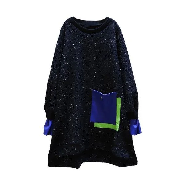 Seasonal Sale New Bright Silk Splicing Pullover Dress Winter Fashion Casual Women Patchwork Pocket Loose Contrast Color All-match