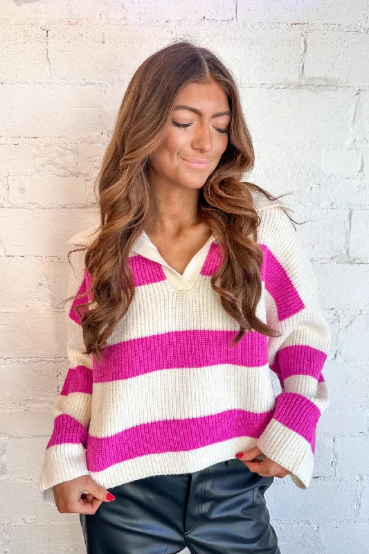 Embrace New Fashion Modern Women's Apparel Fuchsia Striped Knit Sweater