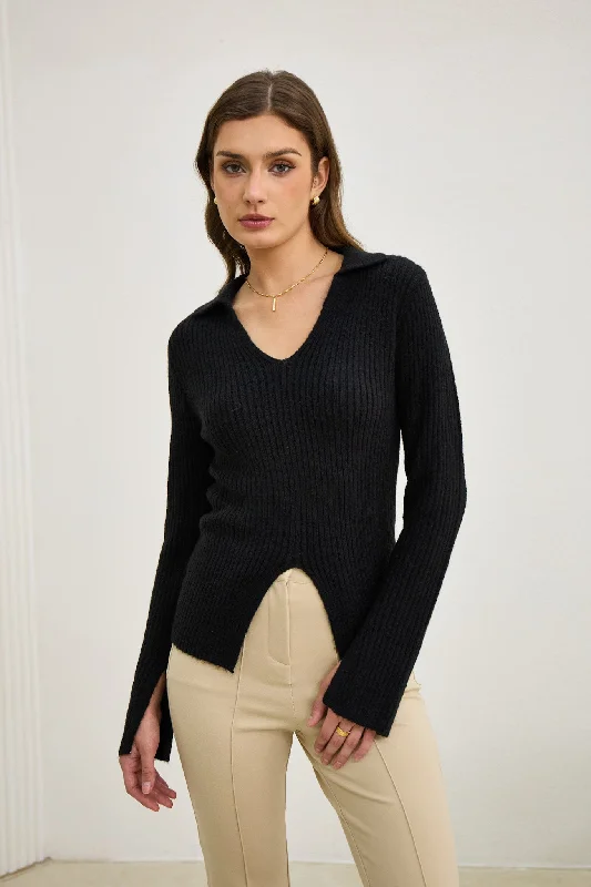 Fashion Frontiers Audrey Black Split Long Sleeve Knit Top