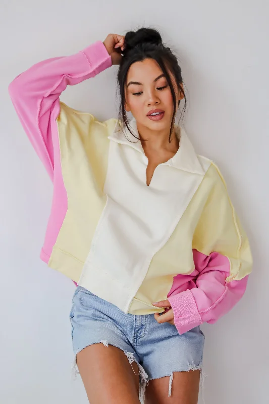 Evening Looks Lucky Cutie Pink Color Block Collared Pullover