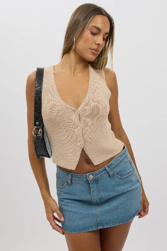 Limited Stock Beige Knit Vest V Neck