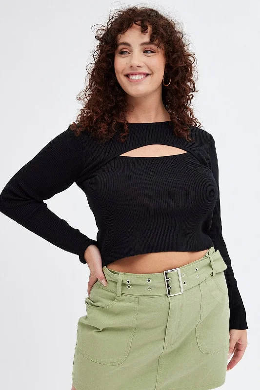 End Of Season Sale Black Knit Top Cut Out Long Sleeve
