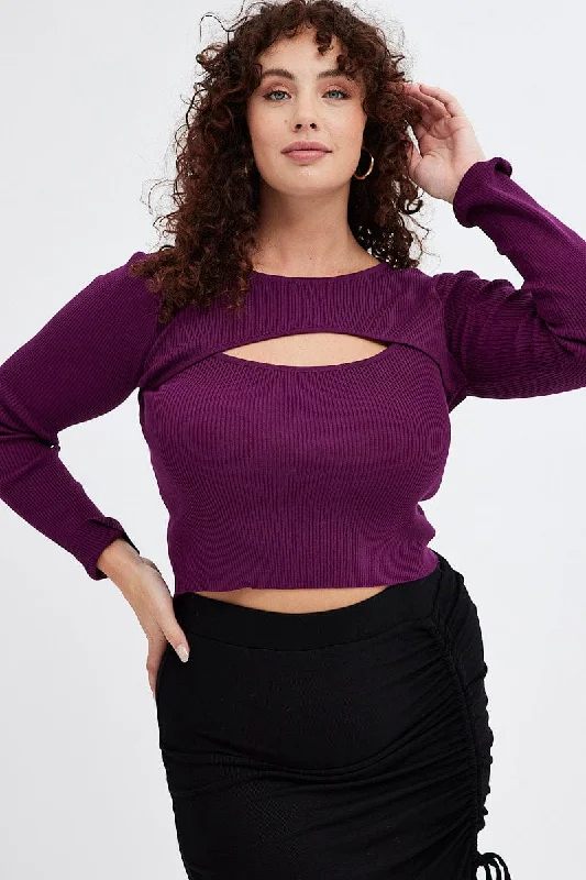 Special Offer Purple Knit Top Cut Out Long Sleeve
