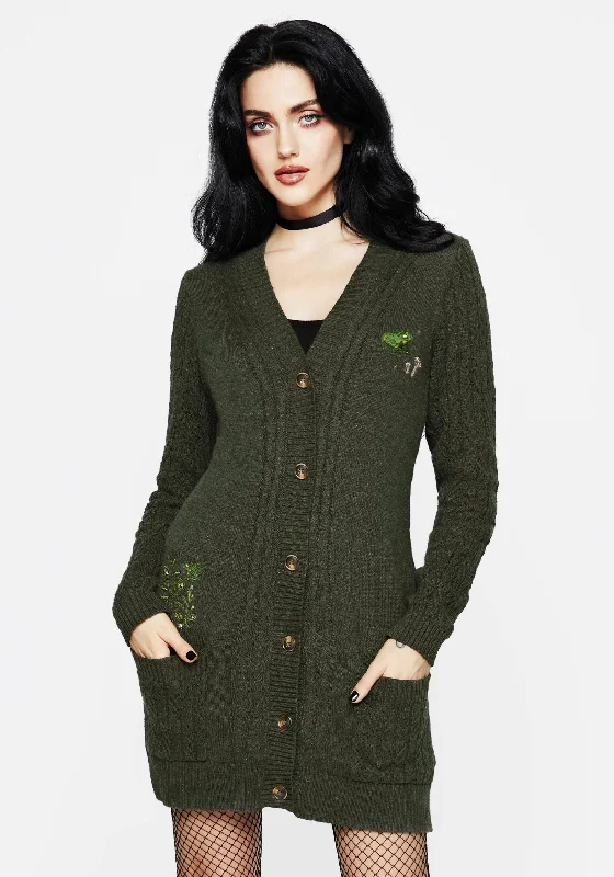 Disco - Inspired Retro Dance Look Swamplife Embroidered Cable Knit Longline Cardigan