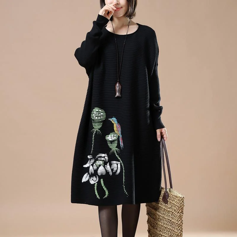 Minimalist Chic Black floral sweaters long knit dress