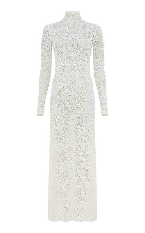 Chic Trends For The Fashion Savvy Lethe Pointelle Knit Maxi Dress in Ivory Virgin Wool Silk