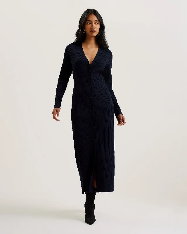 Trendy And Individual Women's Fashion Elmhaa Ribbed Knitted V Neck Maxi Cardigan Navy
