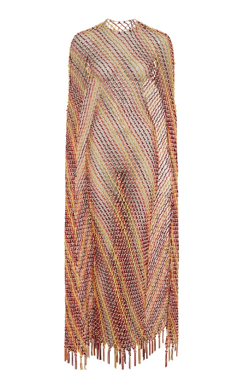 Graceful Drape Matheia Fringe Macrame Maxi Dress in Multi Silk
