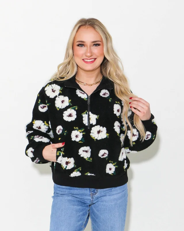 Clearance Sale, All Cheap Charming Women's Garments Black Floral Half Zip Sweater