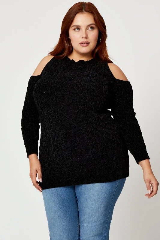 Unleash Your Fashion Black Knit Top Round Neck Long Sleeve Cold Shoulder