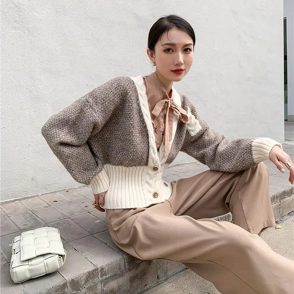 Wardrobe Upgrade Knitting Sweater Open Stitch Winter Fashion The New Splicing V Neck Collar Short Top Coat