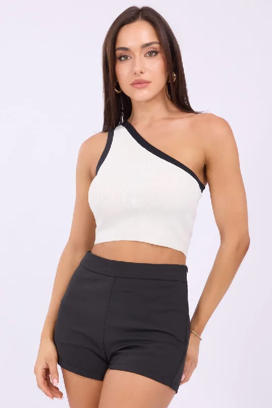 Odd Size Clearance Sale White One Shoulder Knit Crop Top Contrast