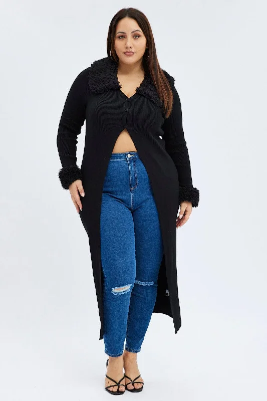 Trendy Street Style Attire Black Longline Knit Cardigan Faux Fur Trim Ribbed