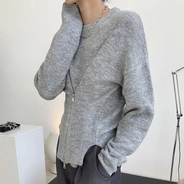 Comfort Meets Fashion New Personality Zipper Splicing Close Up O Neck Collar Pullover Fashion Side Slit Comfort Meets Fashion New Personality Zipper Splicing Close Up O Neck Collar Pullover Fashion Side Slit