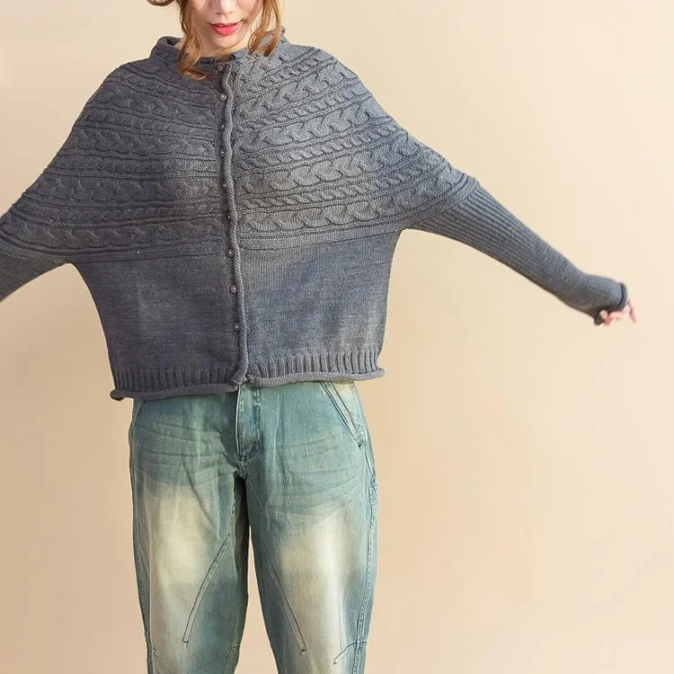 Feminine Elegant Gray cable knit batwing sweater coat oversized knitwear cotton short knitted tops