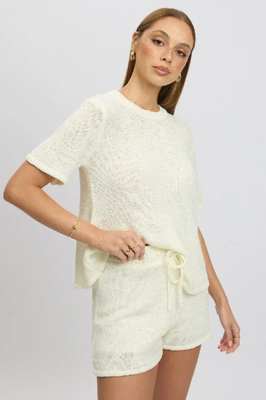 Limited Stock, Big Discounts White Knit Top Short Sleeve Crew Neck