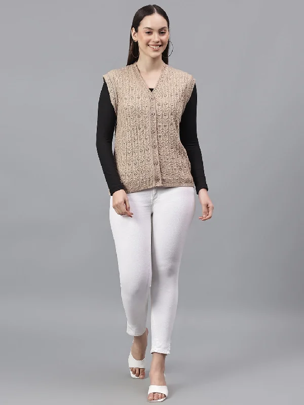 Snag Fabulous Fashion Bargains Women's Self Design Fawn V-Neck Sleeveless Casual Sweater