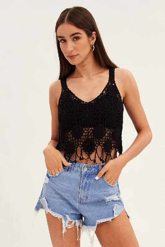 Hot Trends Black Crochet Knit Sleeveless V-Neck