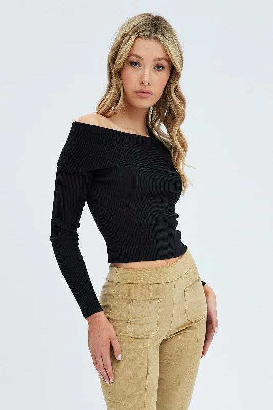 Runway Inspired Wear Black Knit Top Off The Shoulder Ribbed