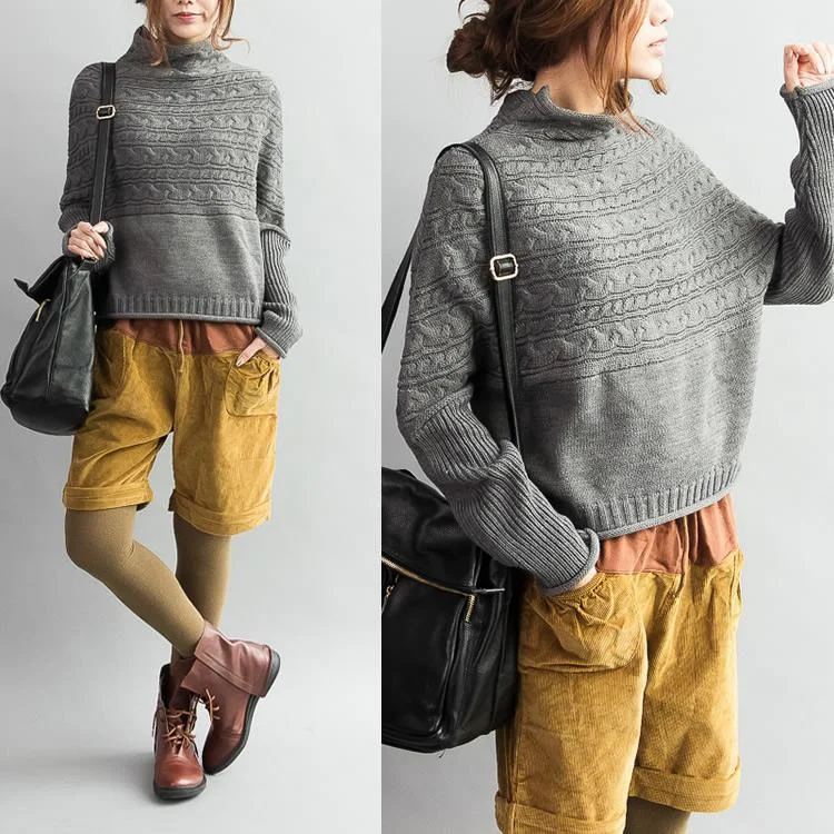Chic Sophistication Gray cable knit sweaters woolen long sleeve crop sweaters turtle neck knitwear