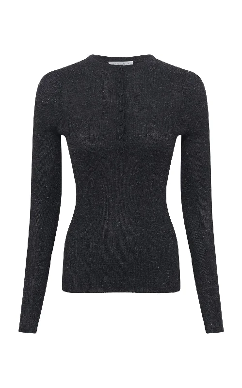 Special Offers, Don't Miss Anges Knit Henley in Black Cashmere Silk with Hemp