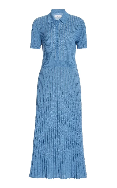 Wardrobe Essentials Amor Knit Midi Dress in Light Blue Denim Cashmere Silk