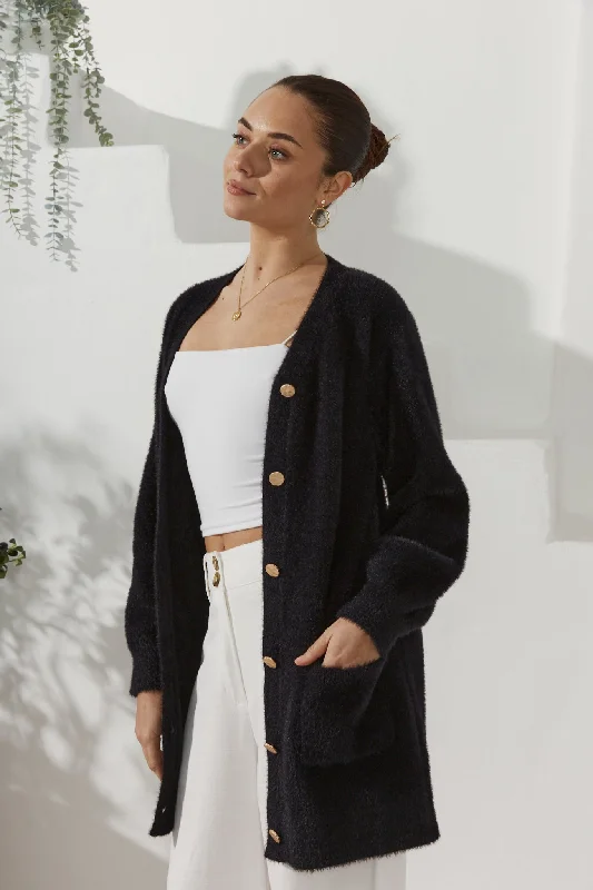 Insane Discount Onslaught Imogen Black Longline Fluffy Knit Cardigan