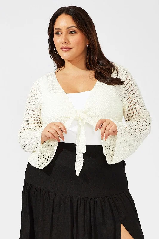 Latest Trends White Crochet Cardigan Long Sleeve Tie Front Knit