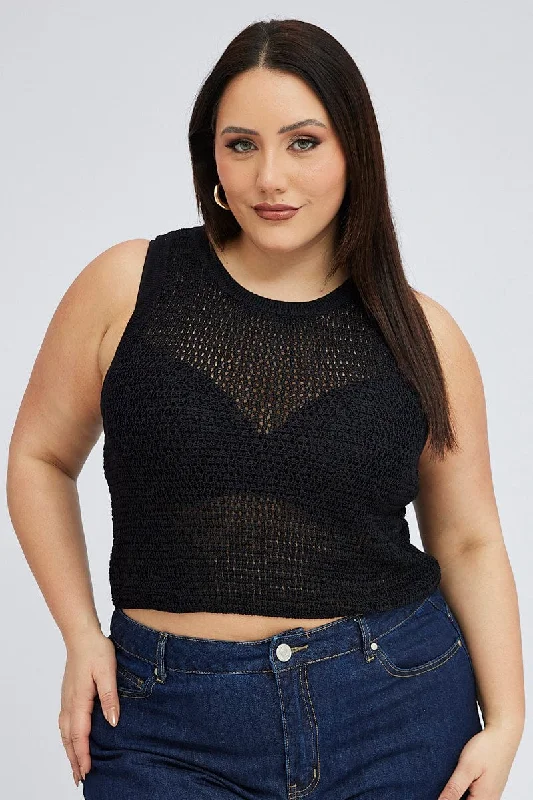Weekend Special Black Crochet Knit Top