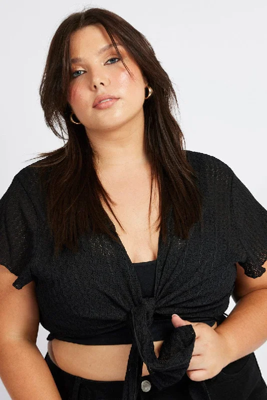 Fashion Sale Black Tie Up Cardigan Ruffle Sleeve
