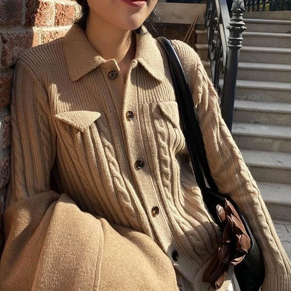 Casual Chic New Women Single Breast Pocket Goddess Fan Full Sleeve 2020 Winter Loose Sweater Top