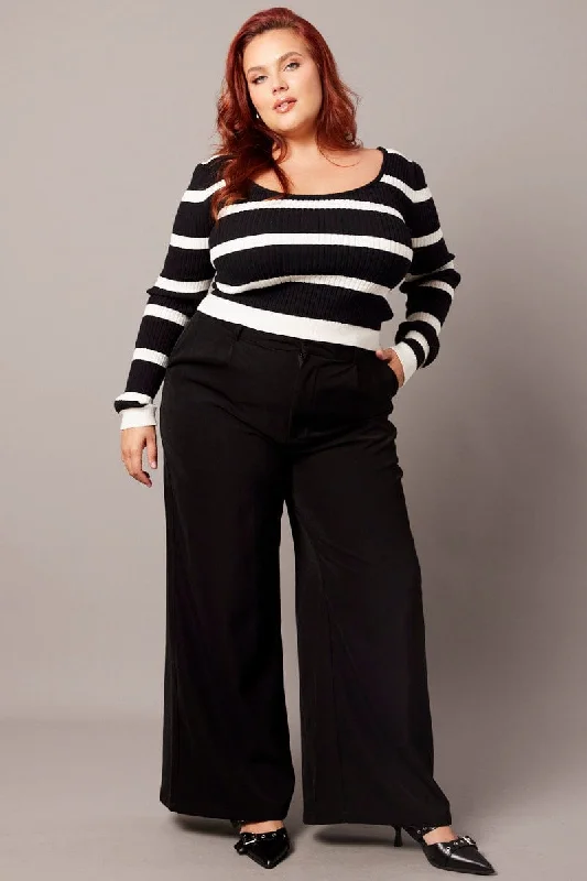Elevate Your Wardrobe White Stripe Knit Top Long Sleeve Scoop Neck