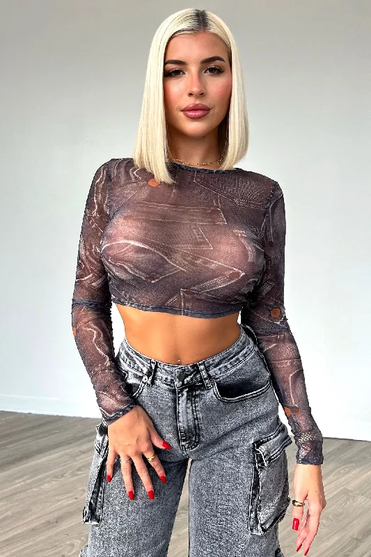 Catch Every Fashion Trend Break It Off Denim Print Mesh Top