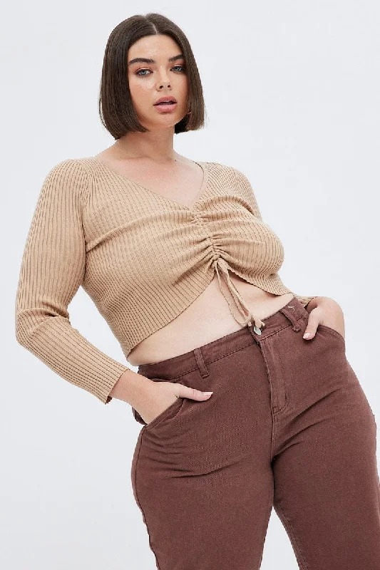 Summer Essentials Beige Knit Top V-neck Long Sleeve Front Ruched