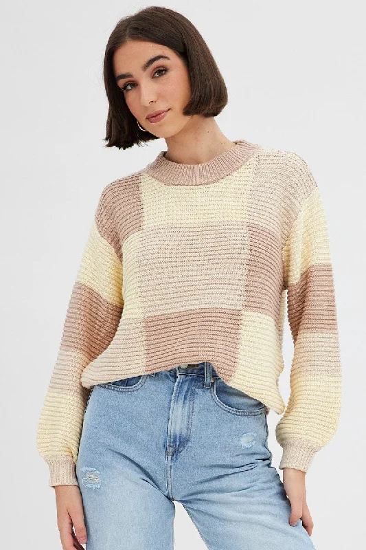 Gorgeous Glamour Collection Beige Knit Top Round Neck Long Sleeve Patchwork