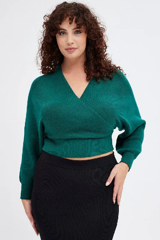 Casual Yet Stylish Separates Green Knit Top Long Sleeve Cross Over