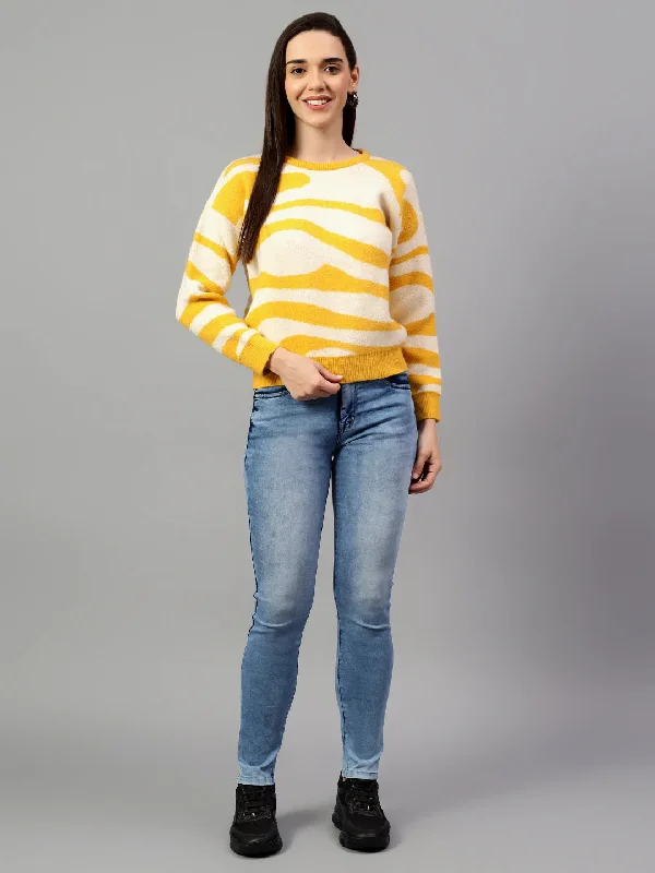 Trendy And Individual Women's Fashion Women's Self Design Yellow Full Sleeve Casual Sweater