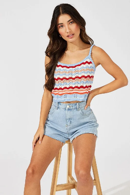Fashion Forward Orange Stripe Knit Singlet Sleeveless Scoop Neck Crochet