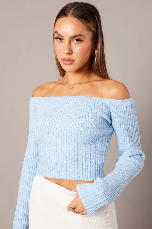 Durable Fashion Picks Blue Knit Top Long Sleeve Off Shoulder