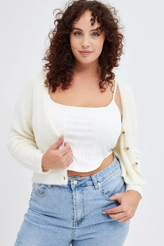 Chic Trend Collection White Knit Cardigan Long Sleeve Fluffy