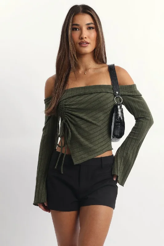 Casual Chic Green Off Shoulder Top Long Sleeve Ruched