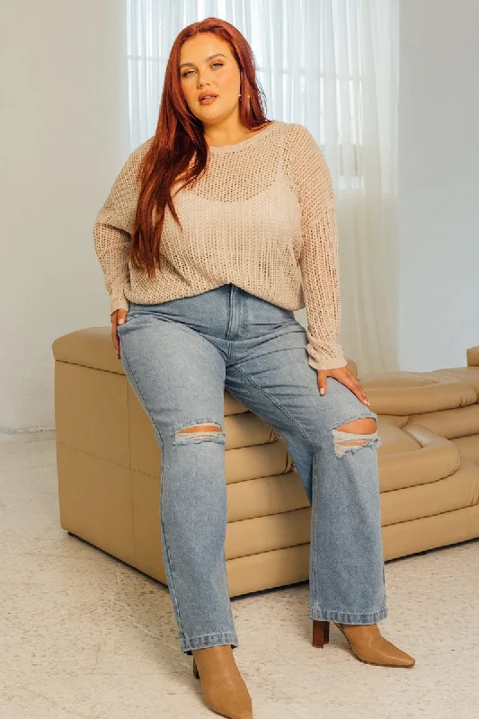 Budget-Friendly Fashion Beige Crochet Knit Top Crew Neck Long Sleeve