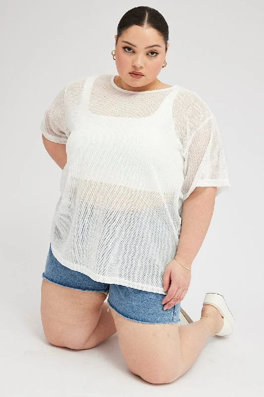 Effortless Style, Endless Impact White Oversized Knit Top Short Sleeve Crew Neck